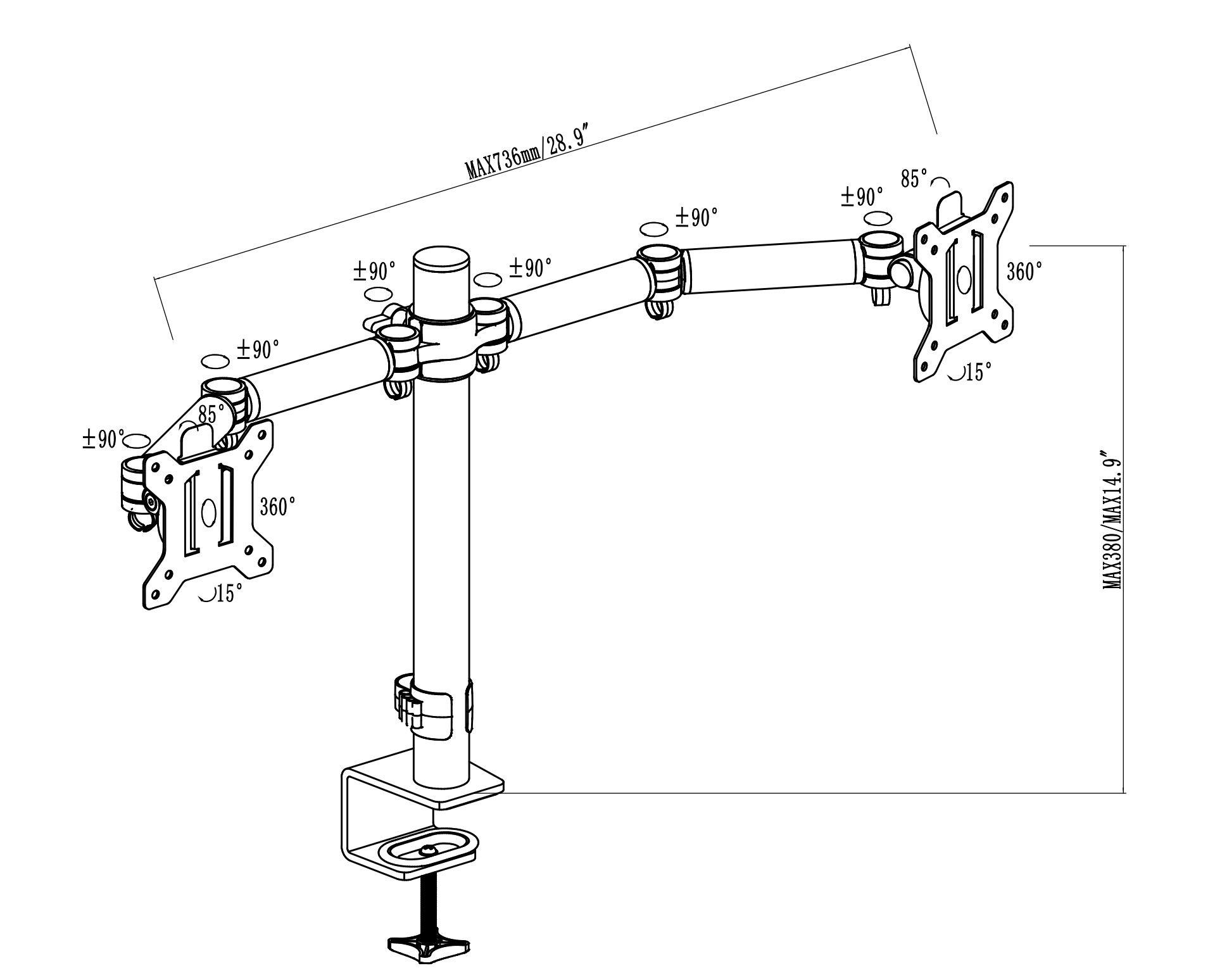 Dessin du bras de moniteur double 